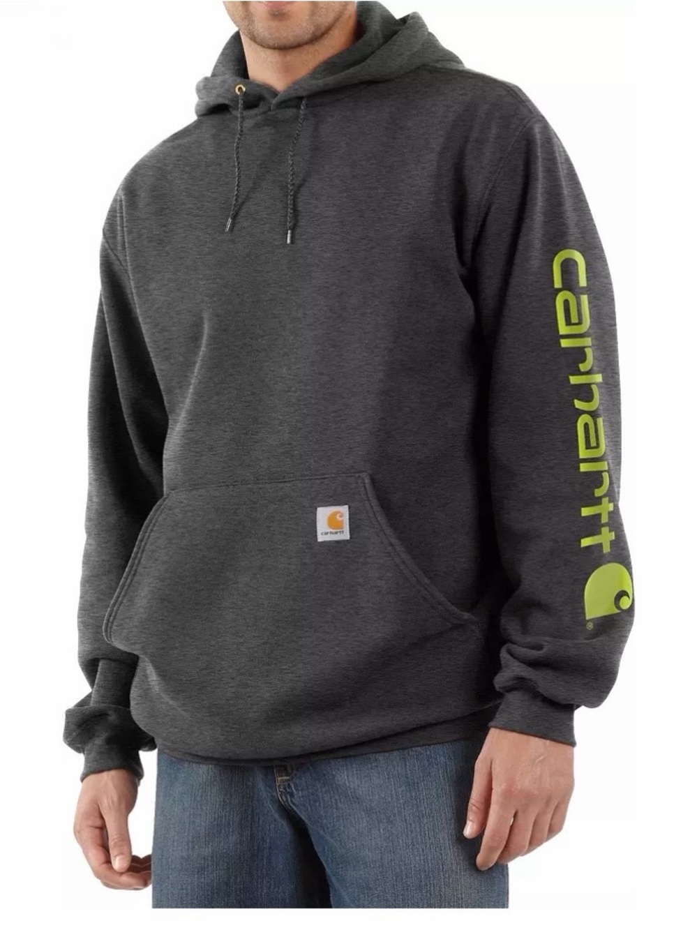 Carhartt Men's Dark Gray Logo Sleeve Hooded Sweatshirt size small NWT mid weight